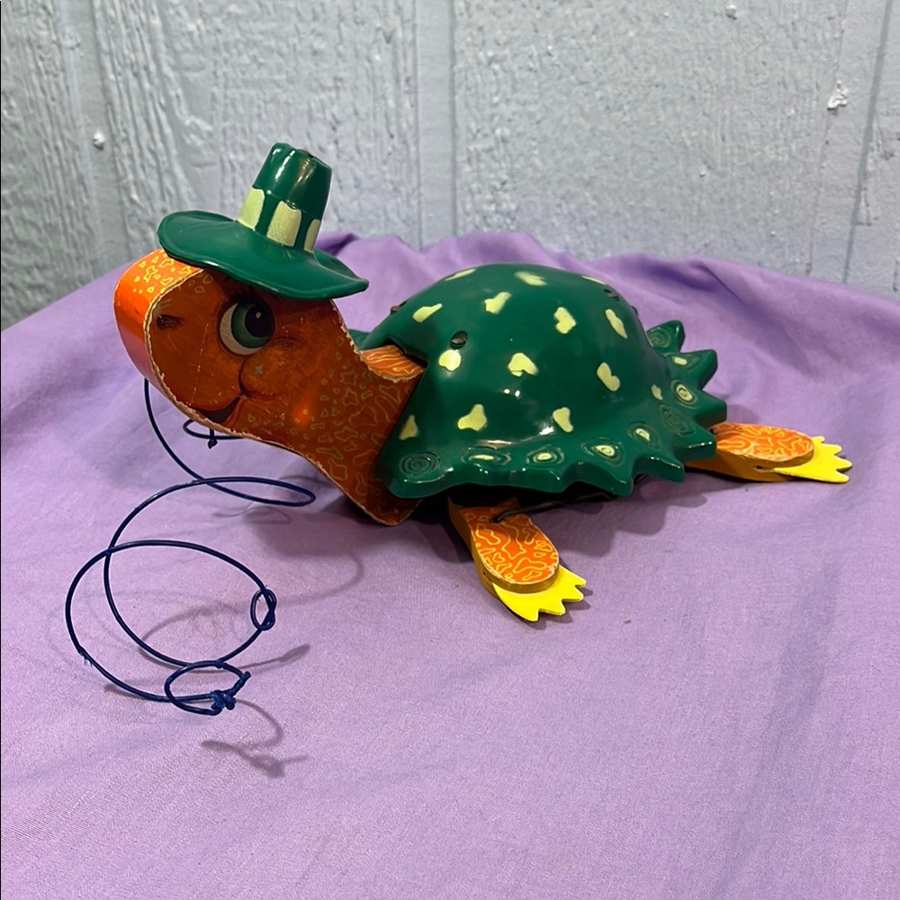Vintage Wind-Up Turtle Toy with Green Hat